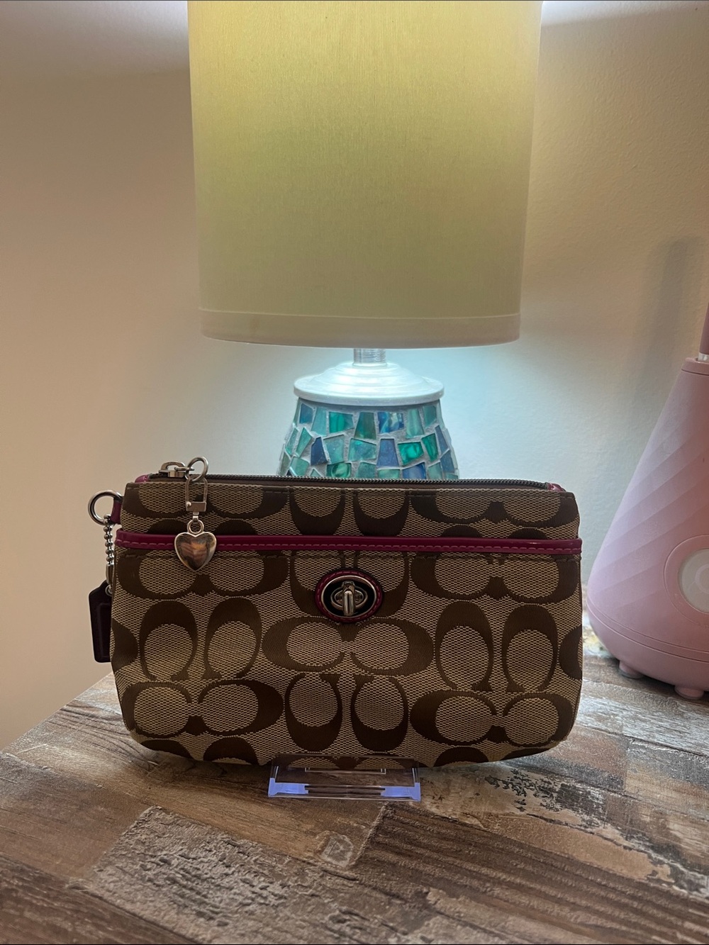 Coach Brown Signature Canvas pouch with Fuchsia Accent